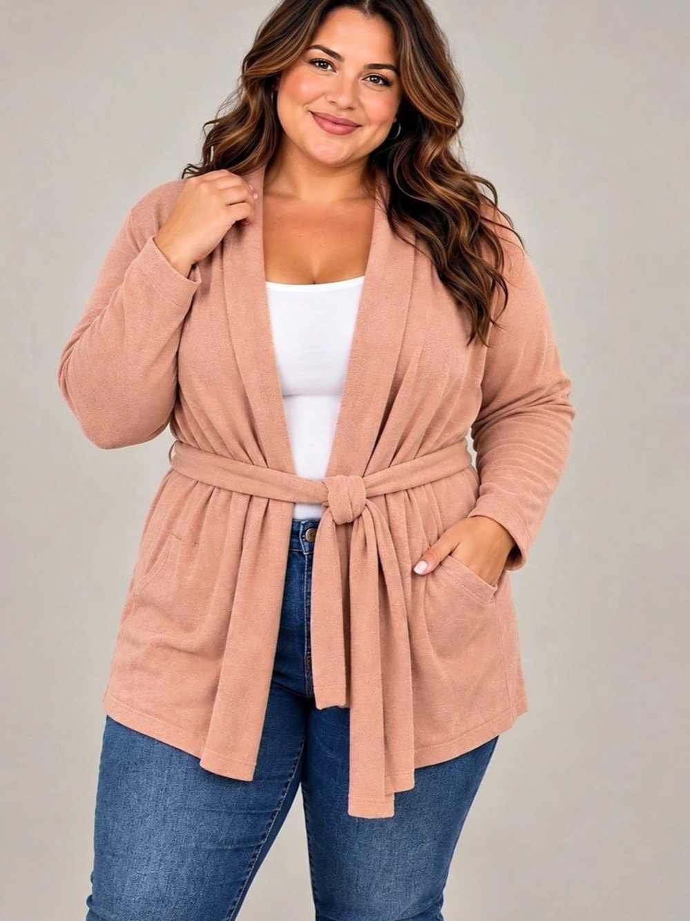 Lane Bryant Modern Long-Sleeve Open-Front Belted Cardigan Belted Cardigan Pink